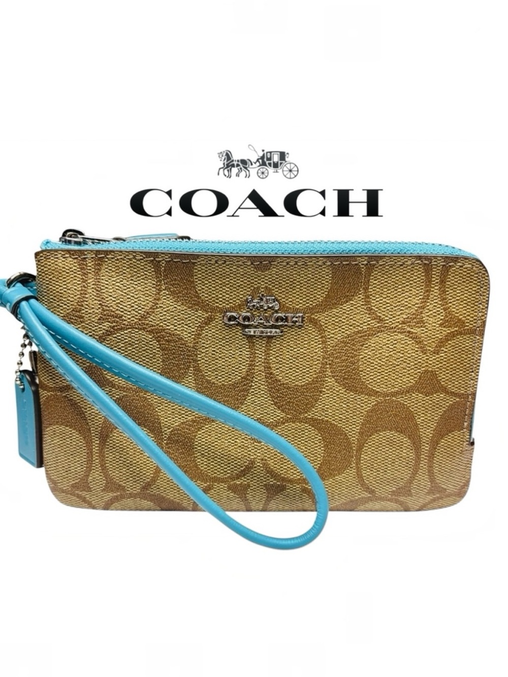 Coach NWOT Signature Double Zip Wristlet Khaki Aqua Blue Canvas Leather 87591